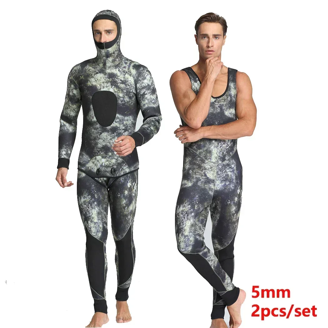 Wetsuit Men 5mm Neoprene Spearfishing Scuba Diving Suit  Camouflage 2pieces Keep Warm Fishing   Surfers with Chloroprene