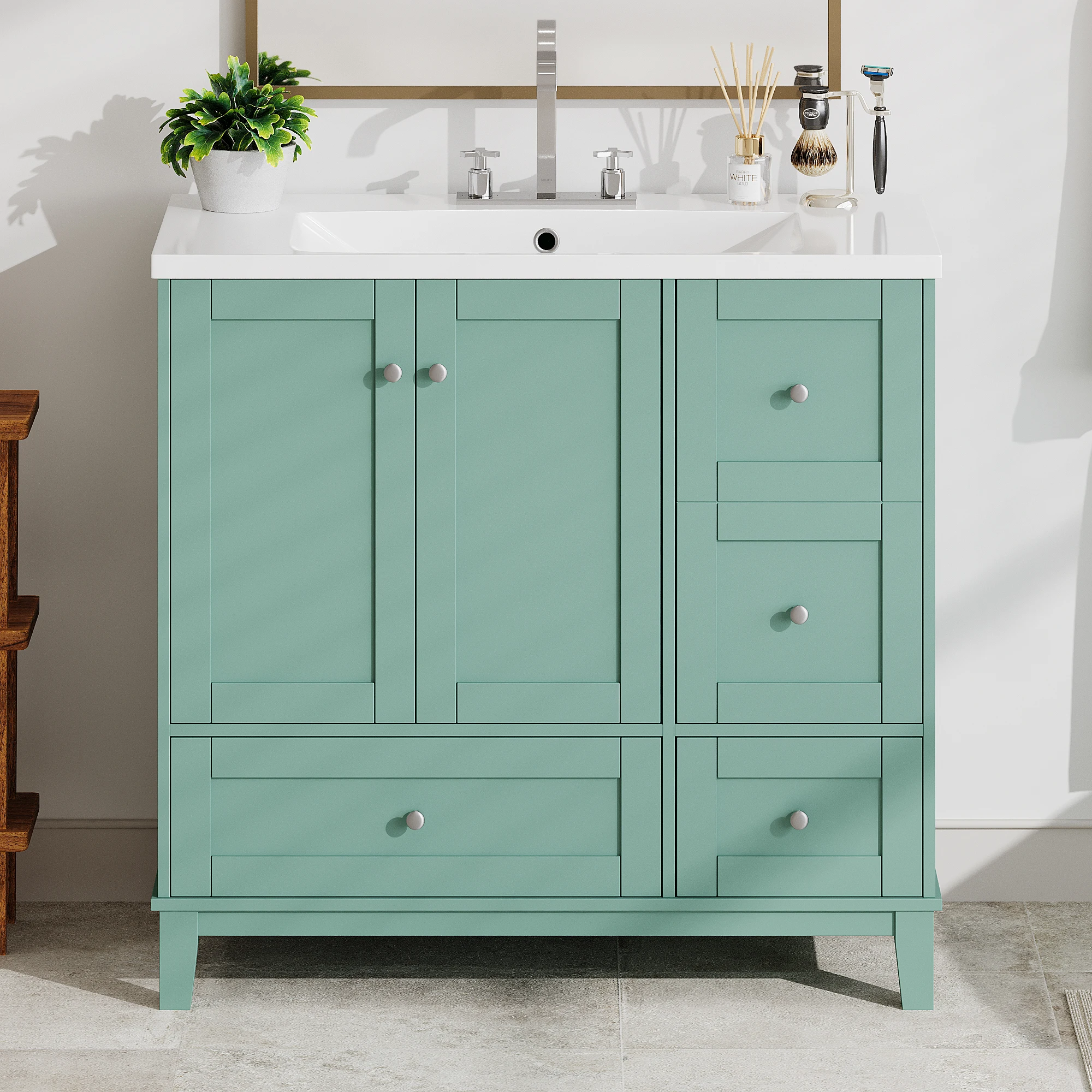 36Inch Bathroom Vanity with USB Charging Two Doors Three Drawers Bathroom Storage Vanity Cabinet Green Faucets Not Included