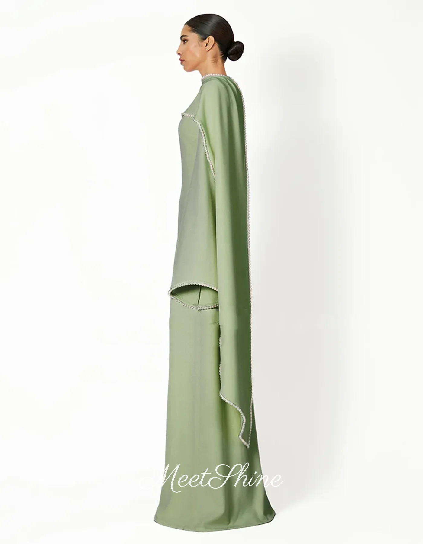 Grass Green Long Sleeve High Neck Evening Dress Dubai Luxury A-Line Beading Prom Dress Customized Formal Wedding Party  Dress