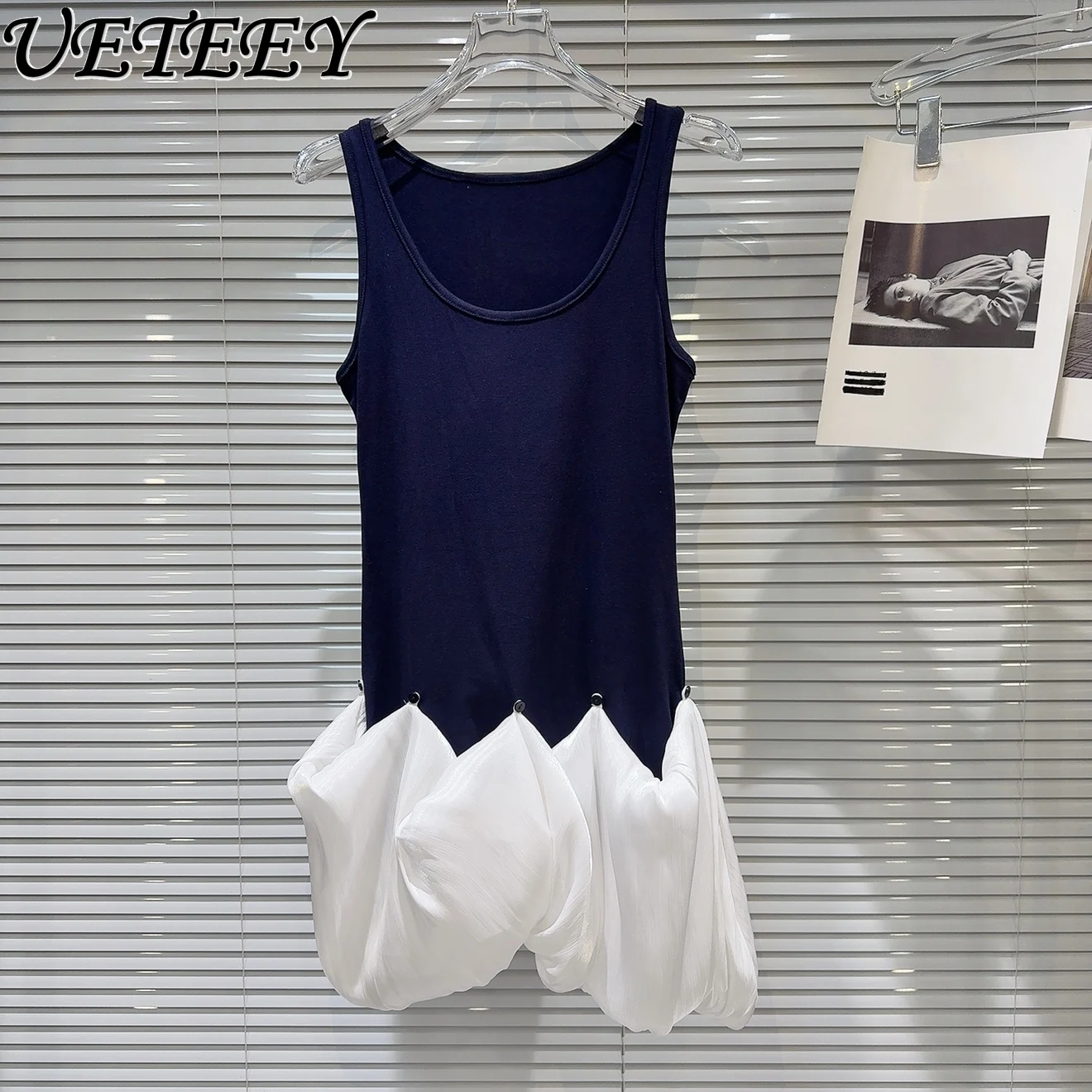 

Summer New Personalized Spice Girl Chiffon Pleated Splicing Contrasting Color Vest Dress Slimming Sleeveless Short Dresses
