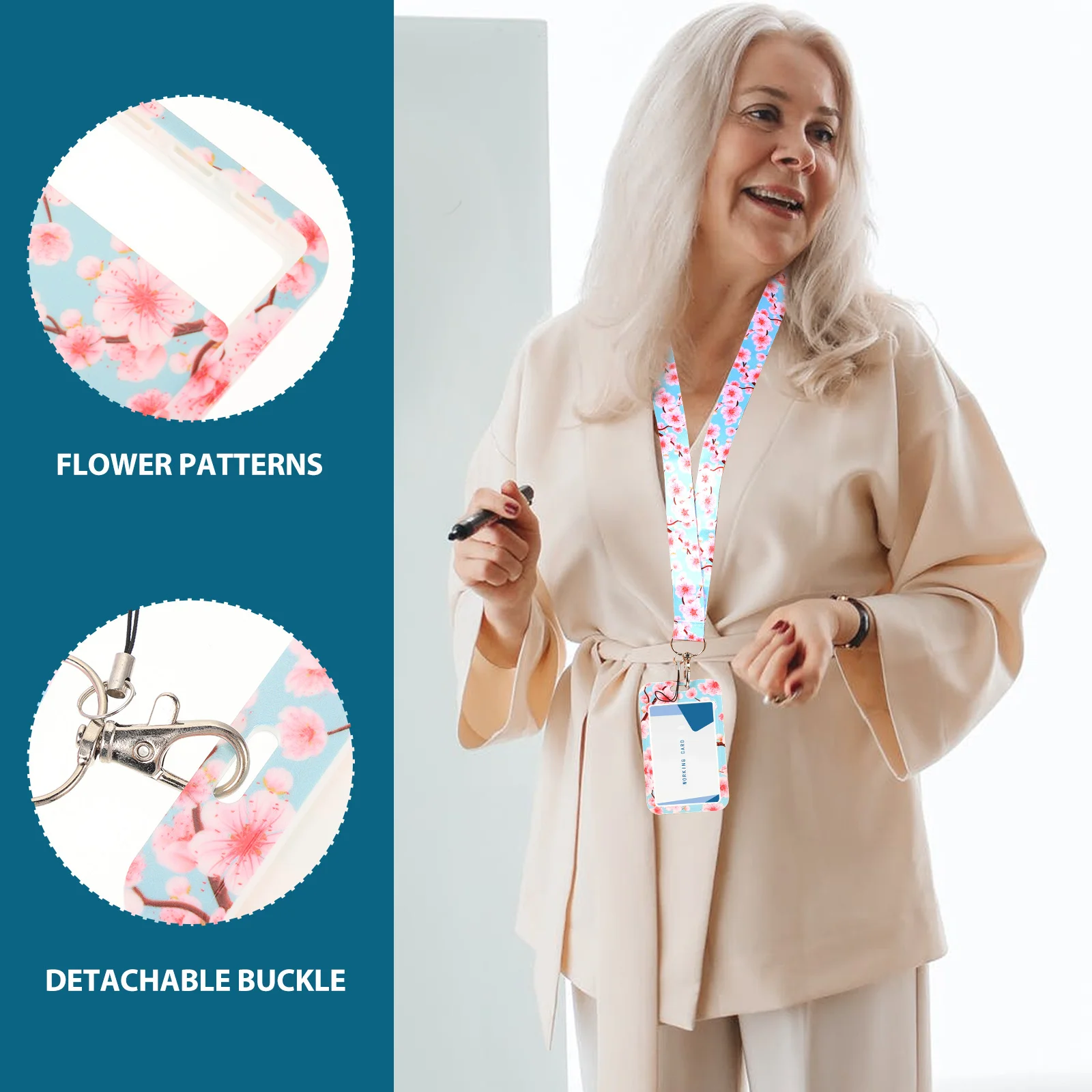 

Floral Transportation Card Protector Anti-Scratch Transparent Card Sleeve with Detachable Buckle Neck Lanyard for Student Id