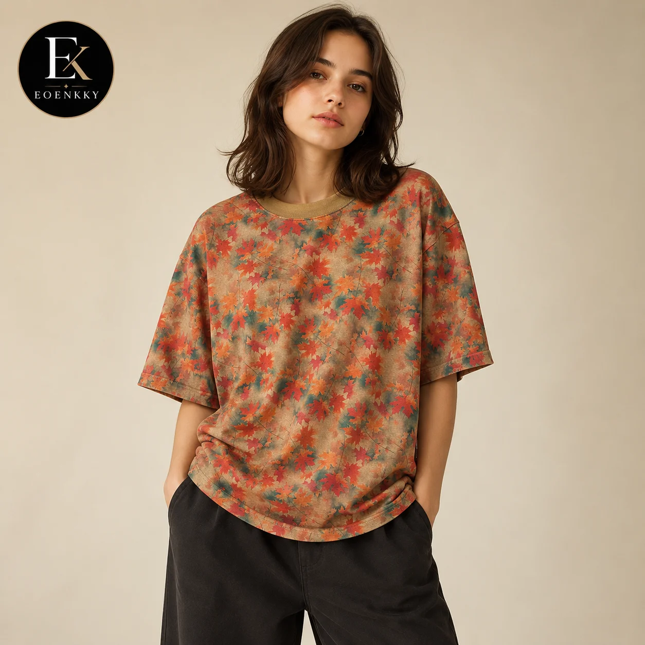 EOENKKY Women Oversized T Shirt Vintage Maple Leaf Print Tie Dye Cotton Crew Neck Short Sleeve Summer Streetwear Casual Top