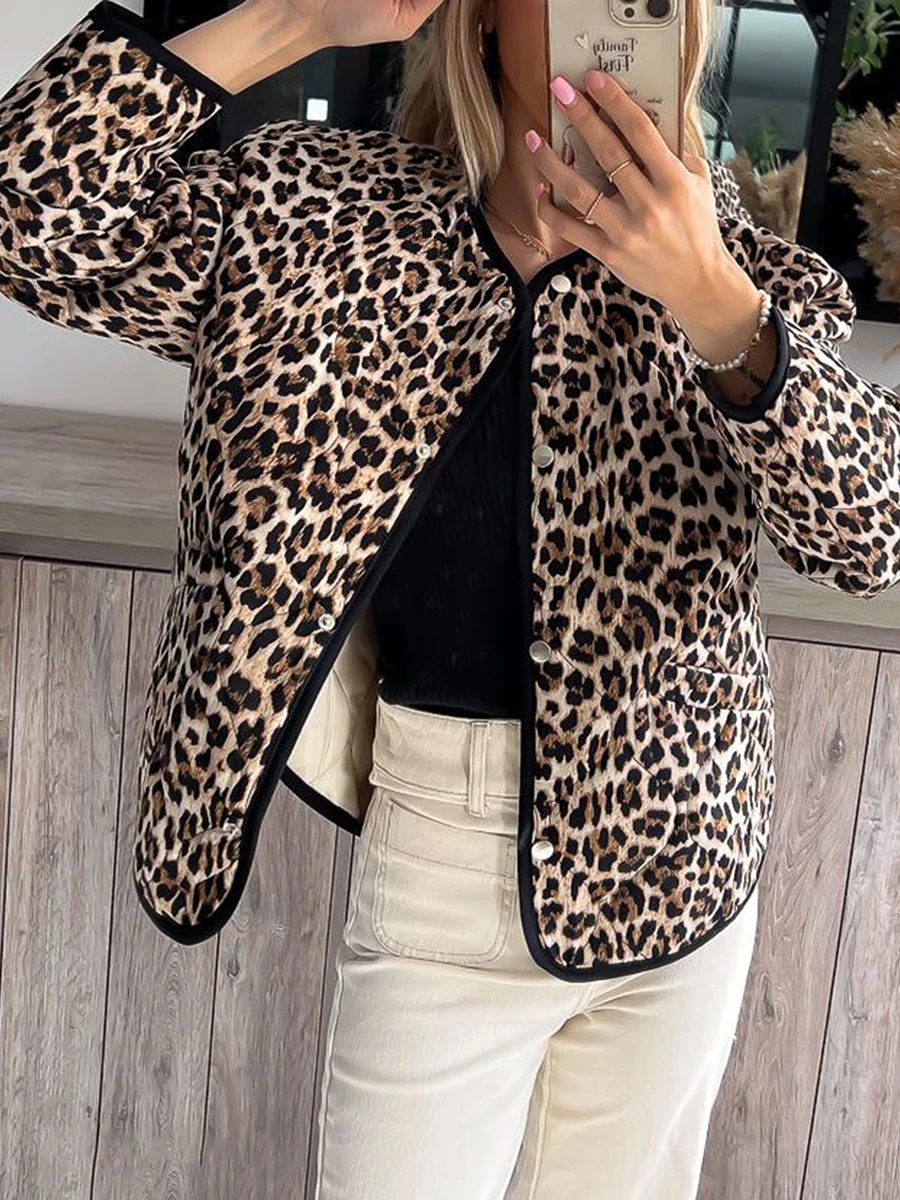 Women s Winter Jacket Loose Animal Print Round Neck Long Sleeve Snap Button Down Coat Warm Outerwear