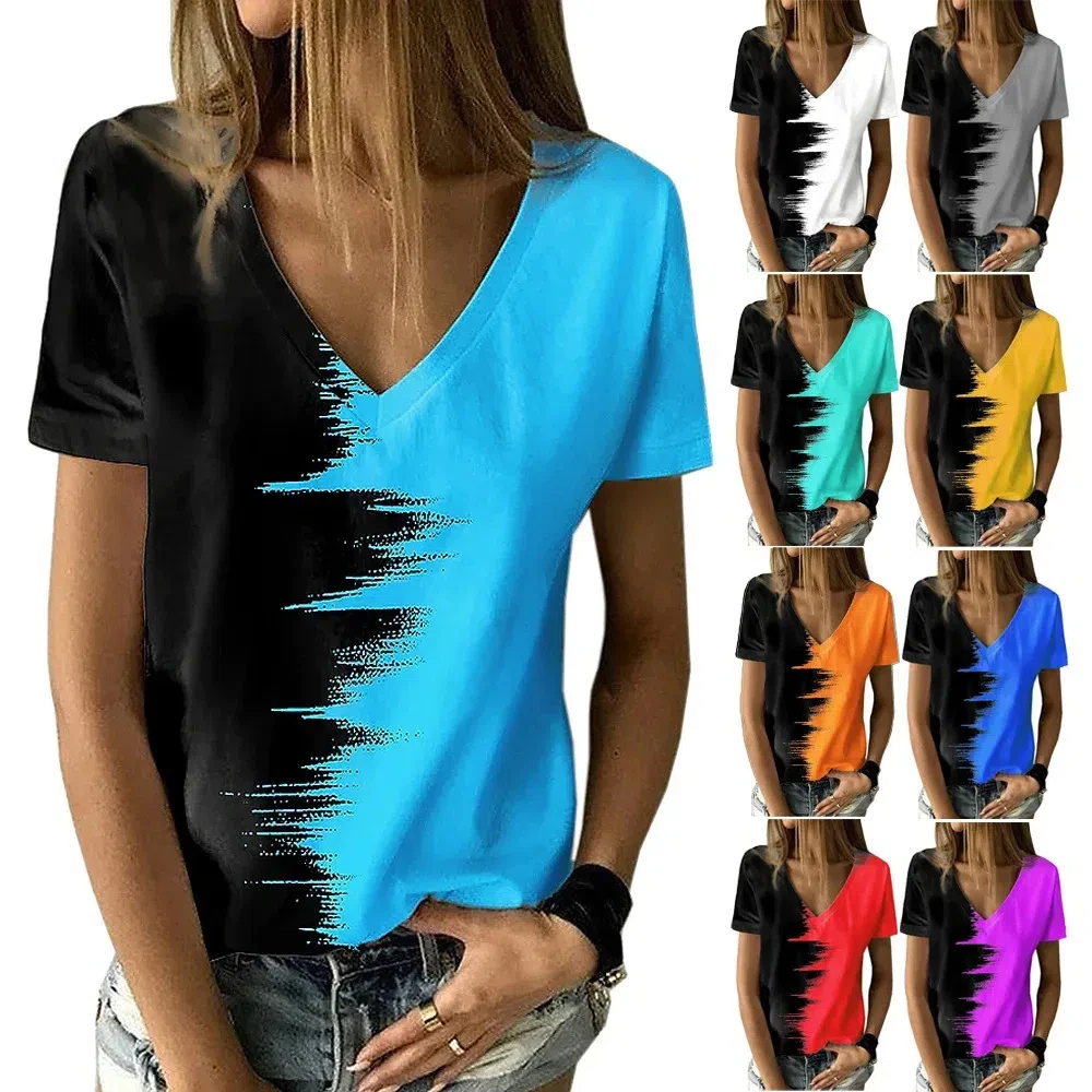 

Summer novelty, women's T-shirt, color block, V-neck short sleeved, cross-border desire, female model,