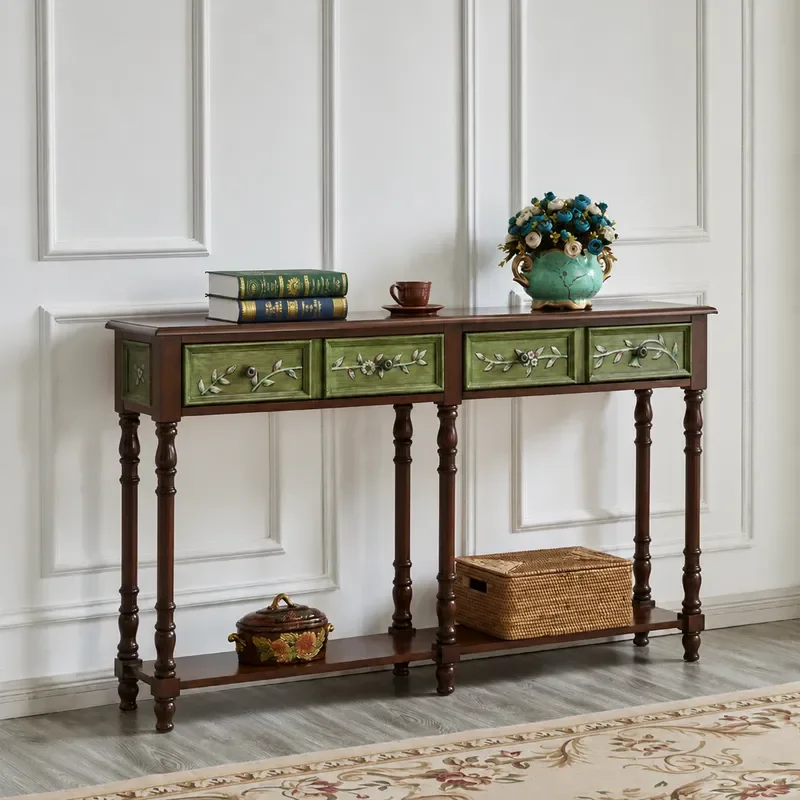 Retro Green Entrance Table with Gold Accents and Walnut Finish Two Tier Storage Console for Living Room Hallway Decor