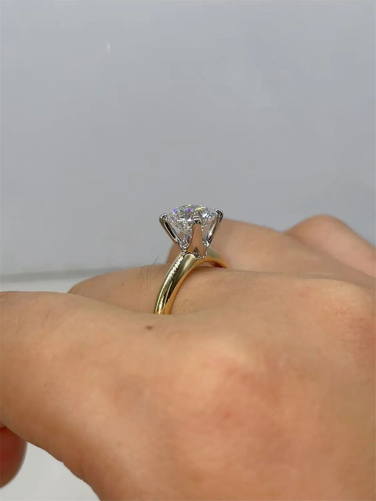 18K Gold Solid Real Gold Lab-Grown Diamond Round 2CT 4-Prong Two-Tone Women's Engagement Ring, Advanced Custom Jewelry, 10K GOLD