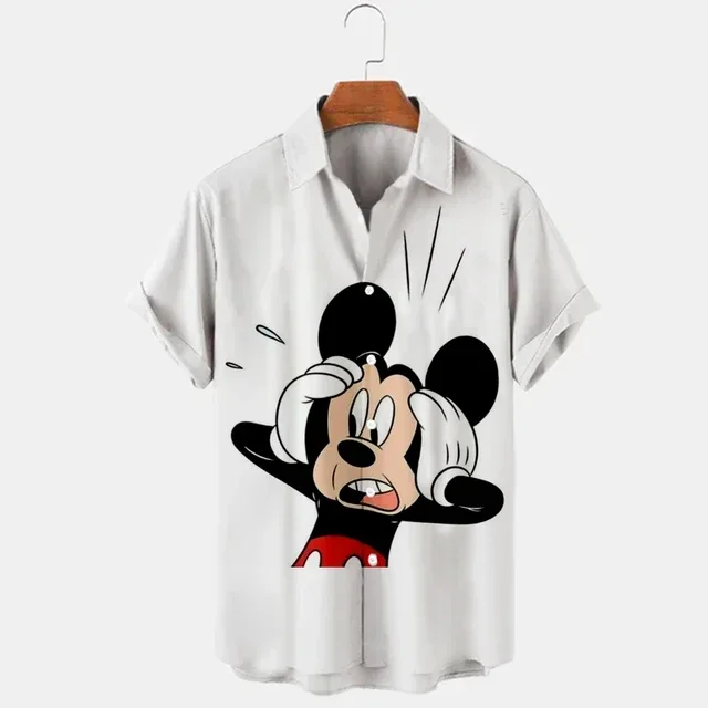 2024 Summer New Men\'s Casual Trend Fashion Cartoon Mickey Mouse Goofy Needle Harajuku Summer Top Men\'s Lapel Short Sleeve Shirt