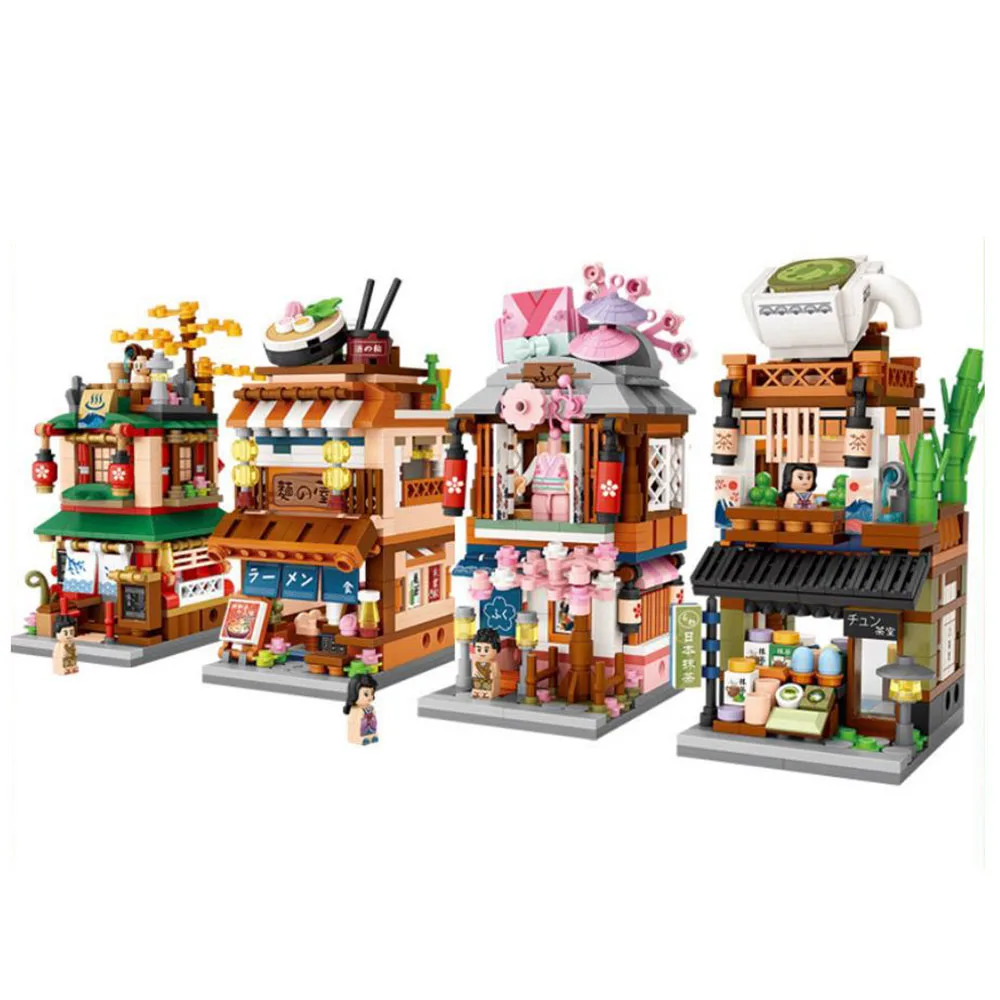 

Idea Mini Block Japan City Street View Hot Spring House Ramen Canteen Kimono Matcha Shop Architecture Building Brick Toys