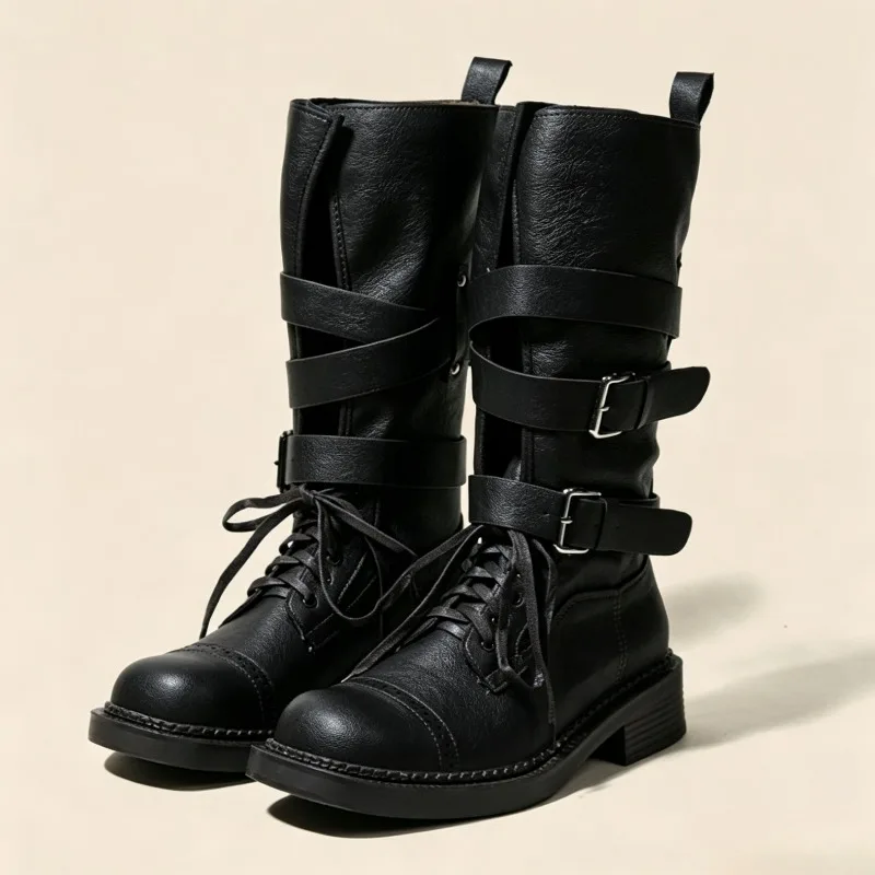 Vintage Pleated Soft Leather Cowboy Boots Women's Fashion Lace-up Metal Buckle Detail Motorcycle Boots Block Heel Rider Boots