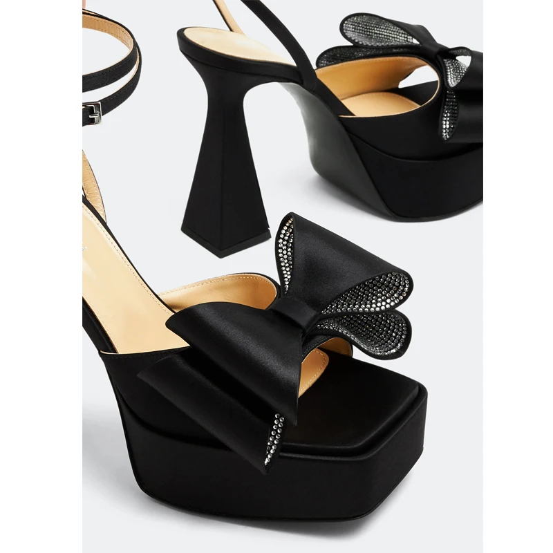 

Black Satin Platform Rhinestones Bow Chunky Heels Sandals Woman Summer 2026 Crystal Open Toe Slingback Ankle Strap Party Pumps
