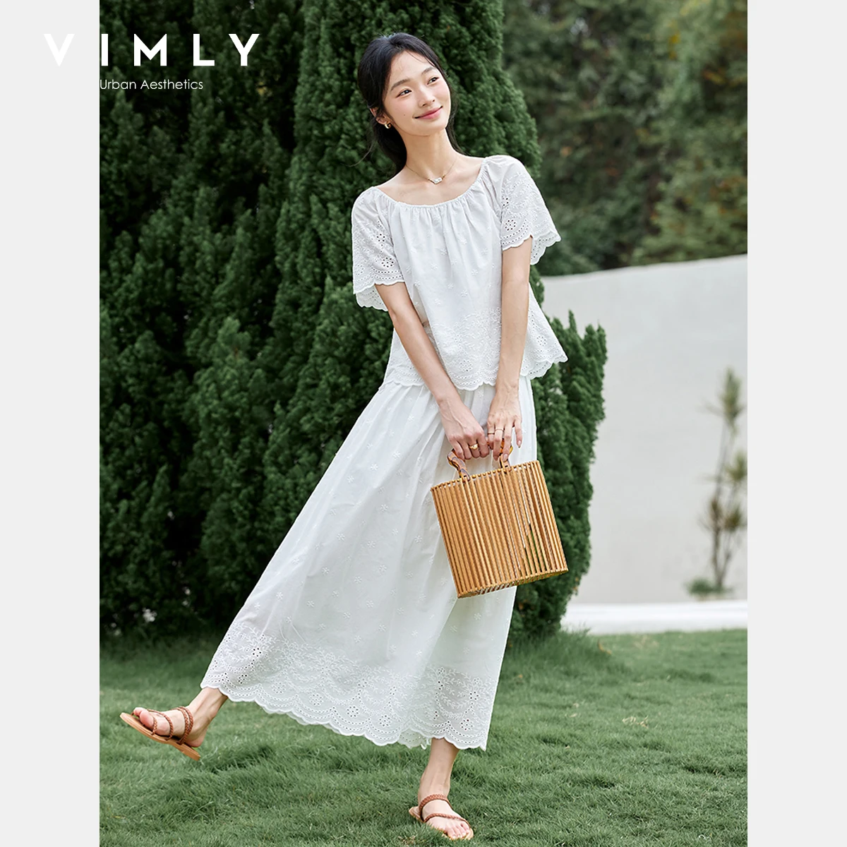 

VIMLY Vacation Outfits 2025 Women's Summer White 100% Cotton Embroidery Square Collar Top A-line Skirt Woman Two-piece Set A1878