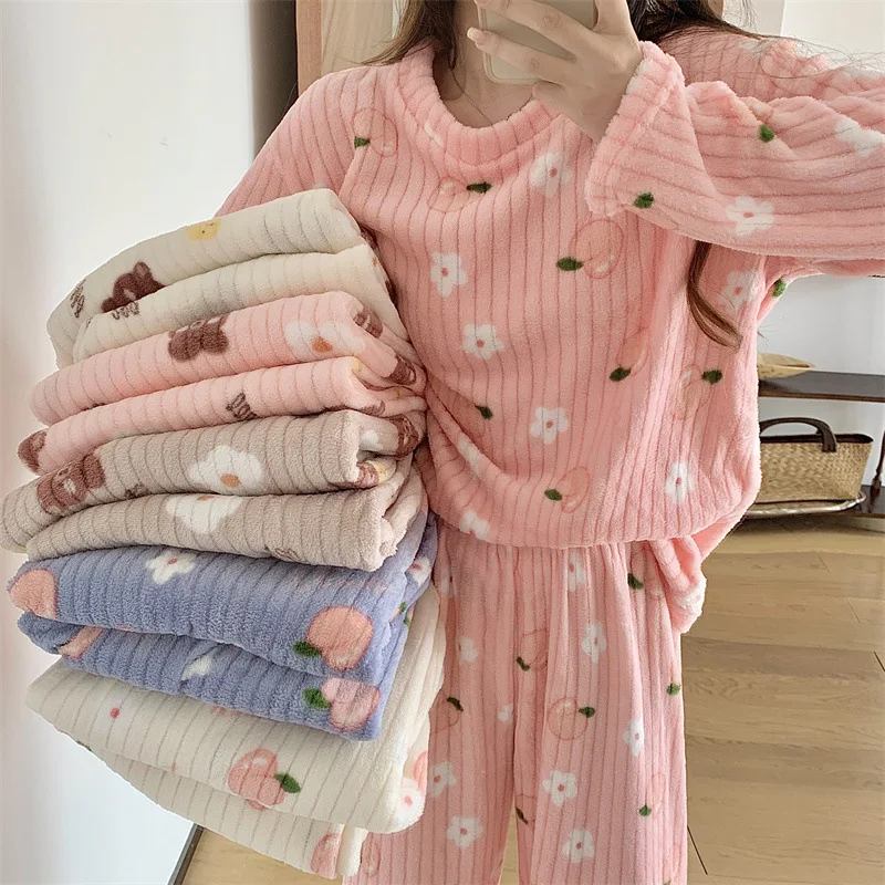 2026 New Women Winter Warm Thick Fleece Lined Pants Coral Plush Loose Outer Wear Sleepwear Cute Pattern Casual Lounge Soft Cozy