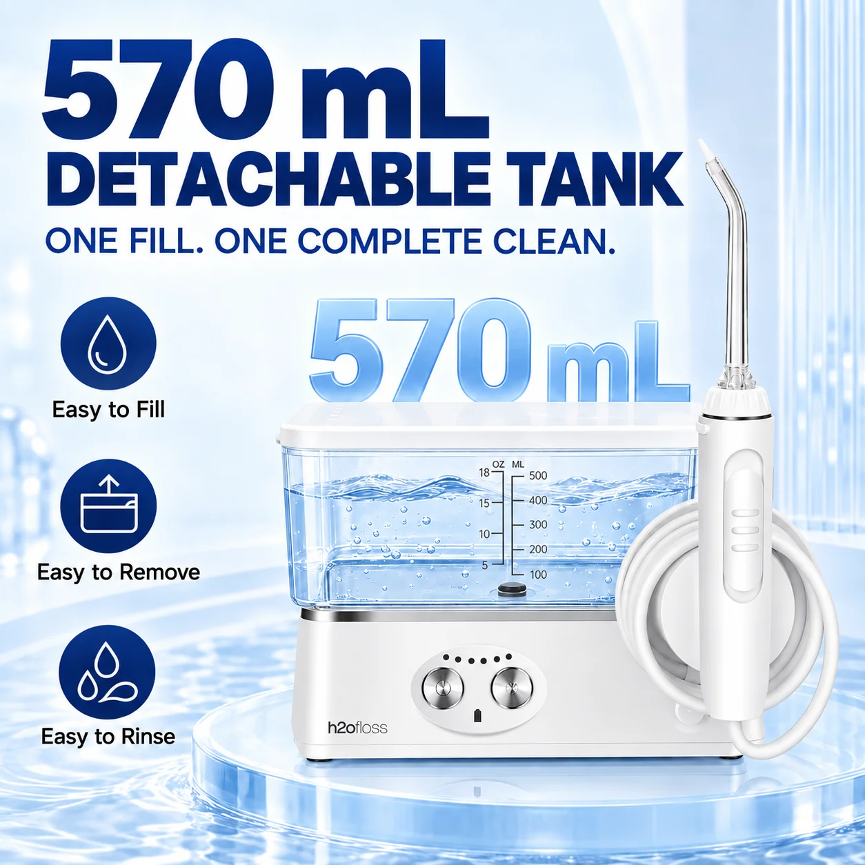 H2ofloss Portable Water Flosser 570 mL, 6 Modes 45-125 PSI, 5 Tips, USB-C Rechargeable IPX7 Oral Irrigator HF-3Pro for Travel