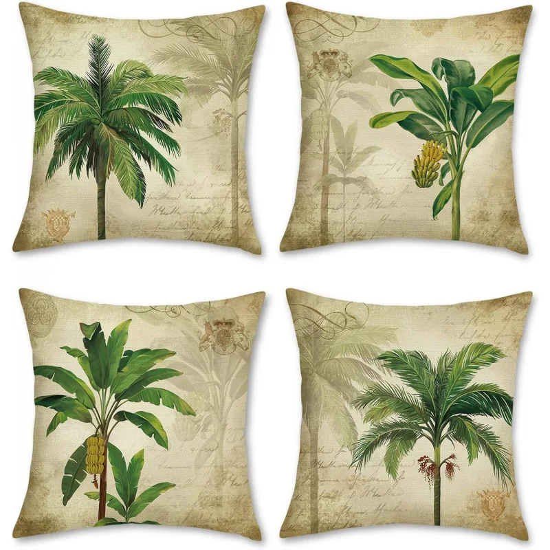 Tropical Palm Tree Pattern Pillow Cover 18 x 18 inchesset of 4 vintage polyester linen sofa pillowcases