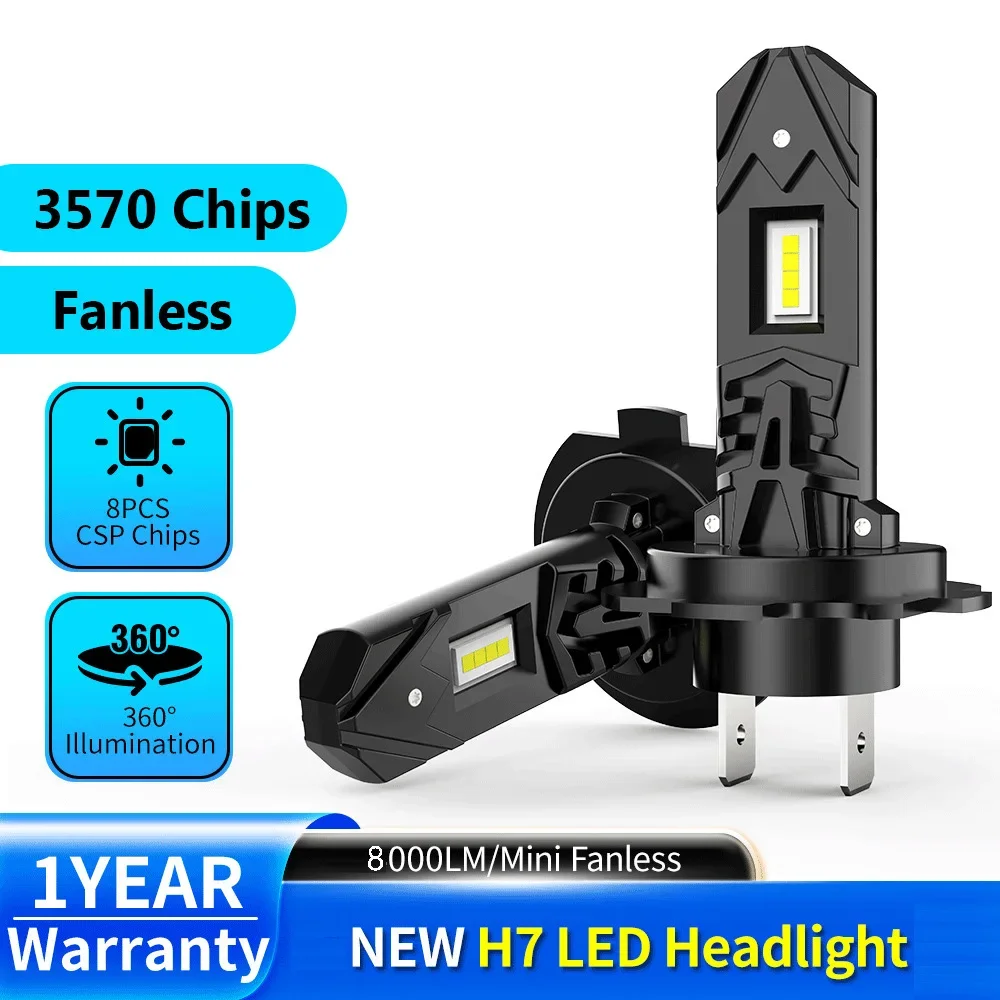 H7 Turbo LED Head Lamp Bulbs 8000LM Fanless H7 LED Headlight CSP Chips 1:1 Mini Size Design Car Lights 6500K 12V