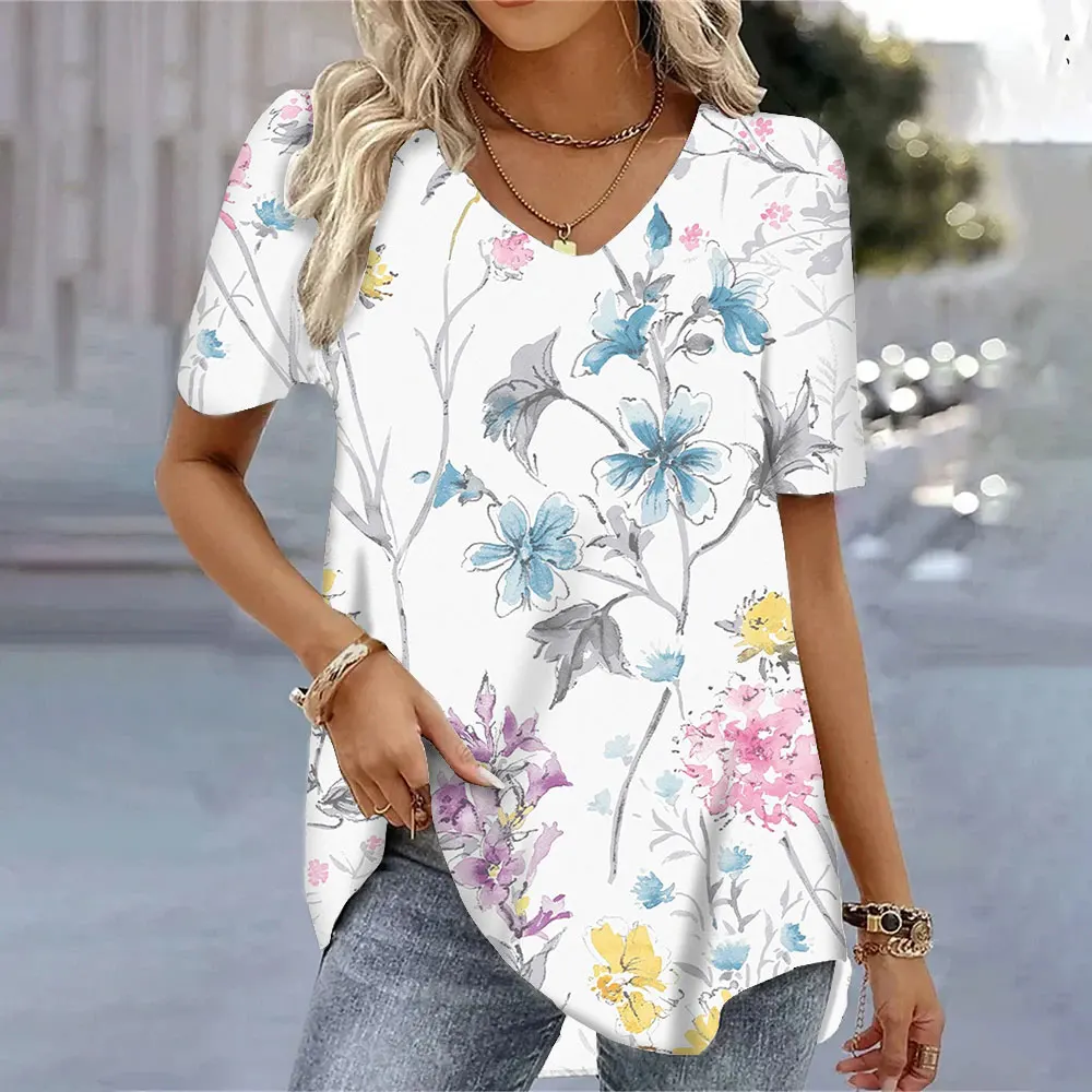 2024 New Women Loose Short-Sleeved T-Shirt V-Neck Fashion Summer Casual Tees Top Women\\\'s Oversized Top Tee Shirts Plus Sizes