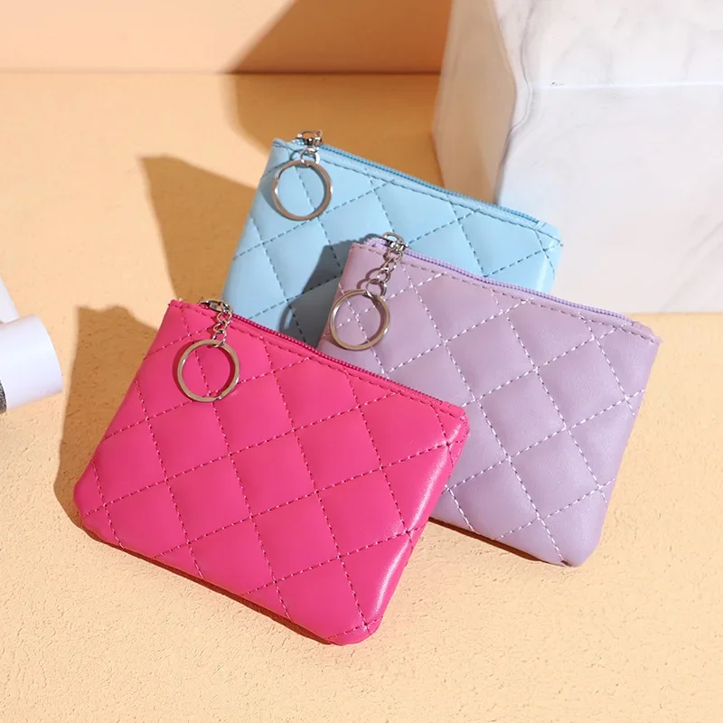 Unisex Coin Wallet Key Chain PU Leather Zip Fashion Small Purse Money Designer Diamond Pattern Short Change Pouch Coin Purses