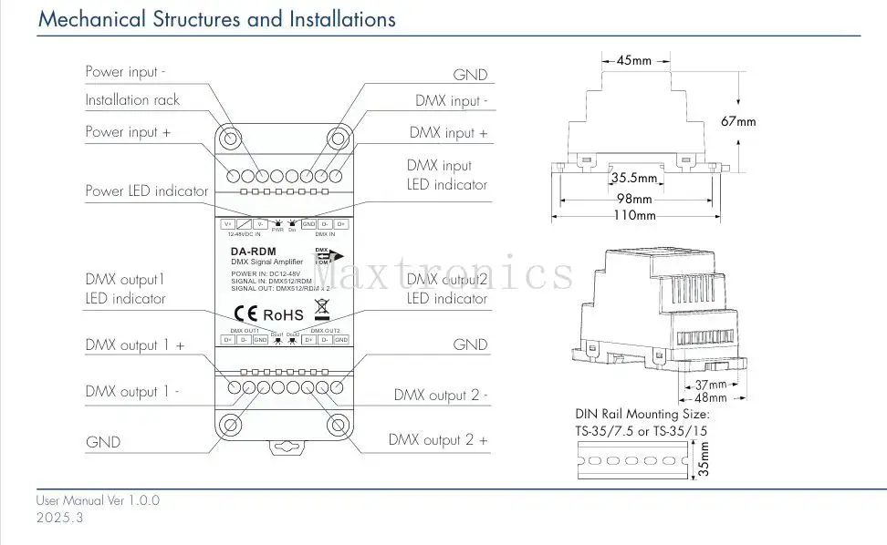 SKYDANCE DC12-48V 2 canales DMX y RDM DMX512 amplificador de señal DA-RDM/ DA-L-RDM una entrada de señal DMX512 y RDM, dos señales DMX512 y RDM