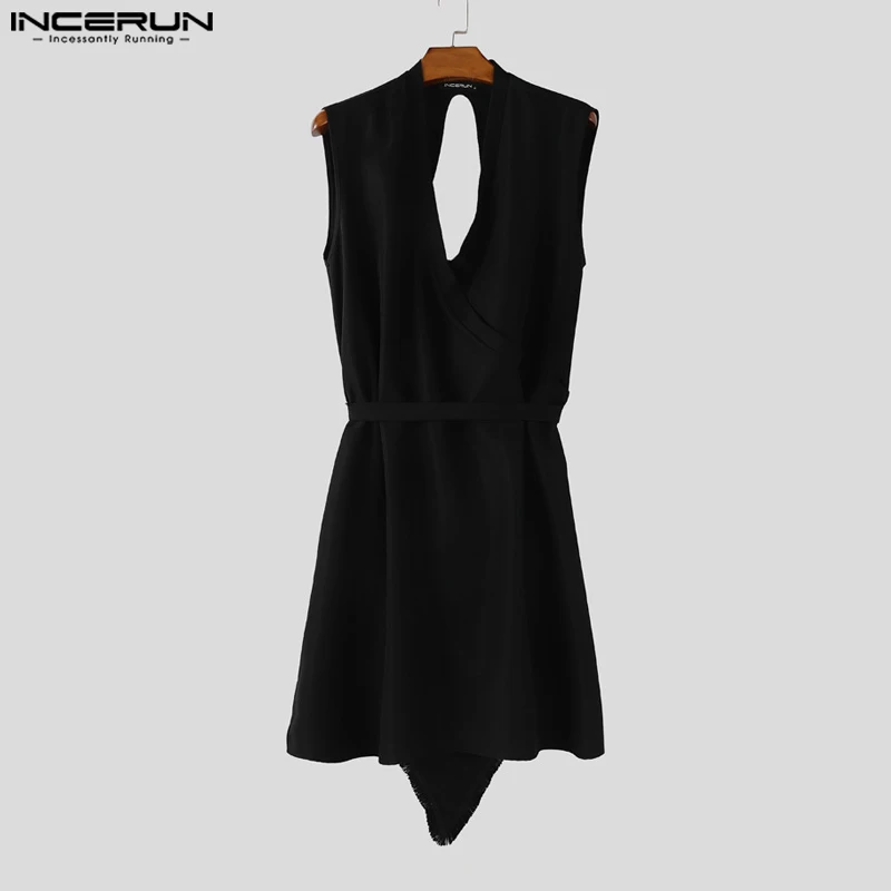 

INCERUN Men Shirt Solid Color V Neck Sleeveless Hollow Out Male Tops Streetwear Lace Up Sexy Fashion Long Style Shirts Men S-5XL