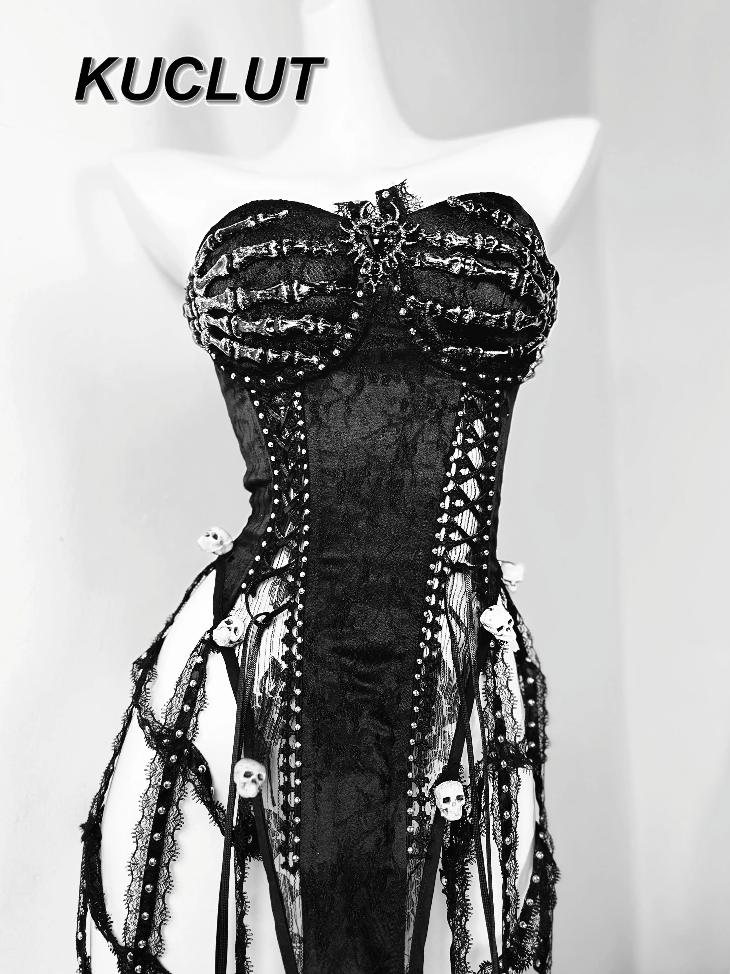 

Punk Style Women's Bustiers Summer Original Heavy Craft Handmade Pure Black Gothic Lace-up Corset Waist Tube Top for Lady