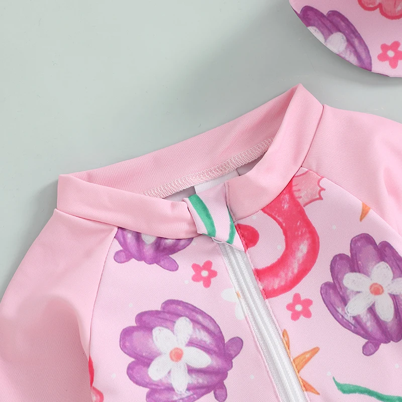 2025 Nuovo costume da bagno Rash Guard per bambina con stampa floreale manica lunga collo finto costume da bagno con cerniera con cappello set costumi da bagno