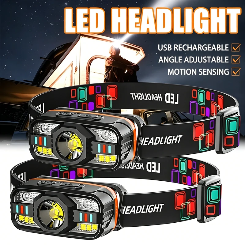 USB Rechargeable LED Headlamp Portable Light with Built in Battery 6 Lighting Modes Fishing Head Torch Outdoor Camping Lantern