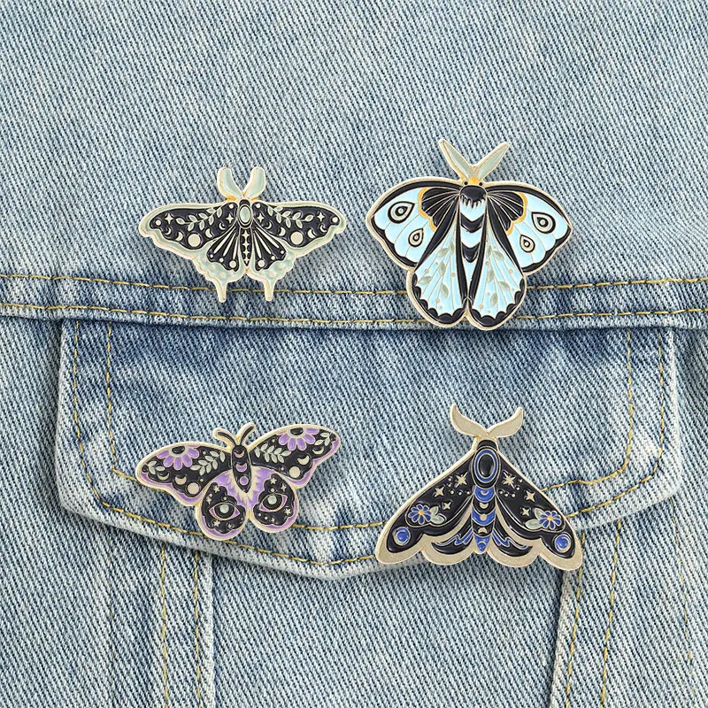 Hexenmotten-Emaille-Pins, dunkle Cottagecore-Broschen, floraler Augen-Luna-Insekten-Reversnadeln, Gothic-Schmuckgeschenk für Freunde