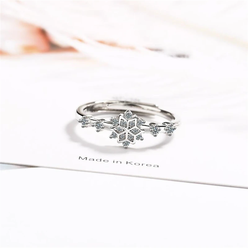 Sole Memory Creative Zircon Snowflake Flower Fresh Sweet 925 Sterling Silver Female Resizable Opening Rings RI365