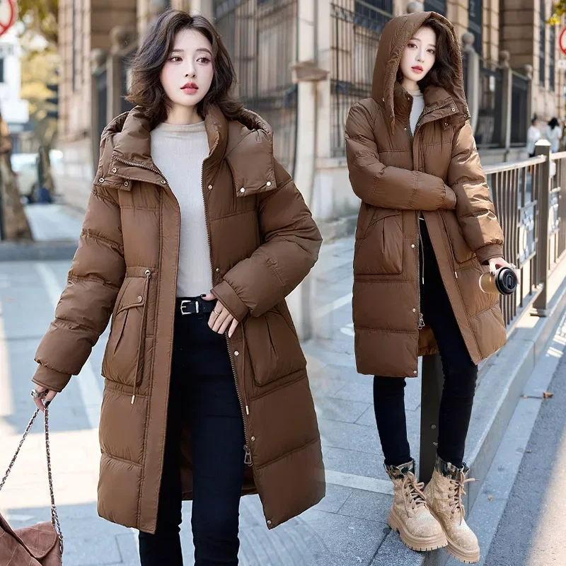 Waisted hooded down jacket for women mid-length 2024 winter new style warm and thickened long over-the-knee women's jacket