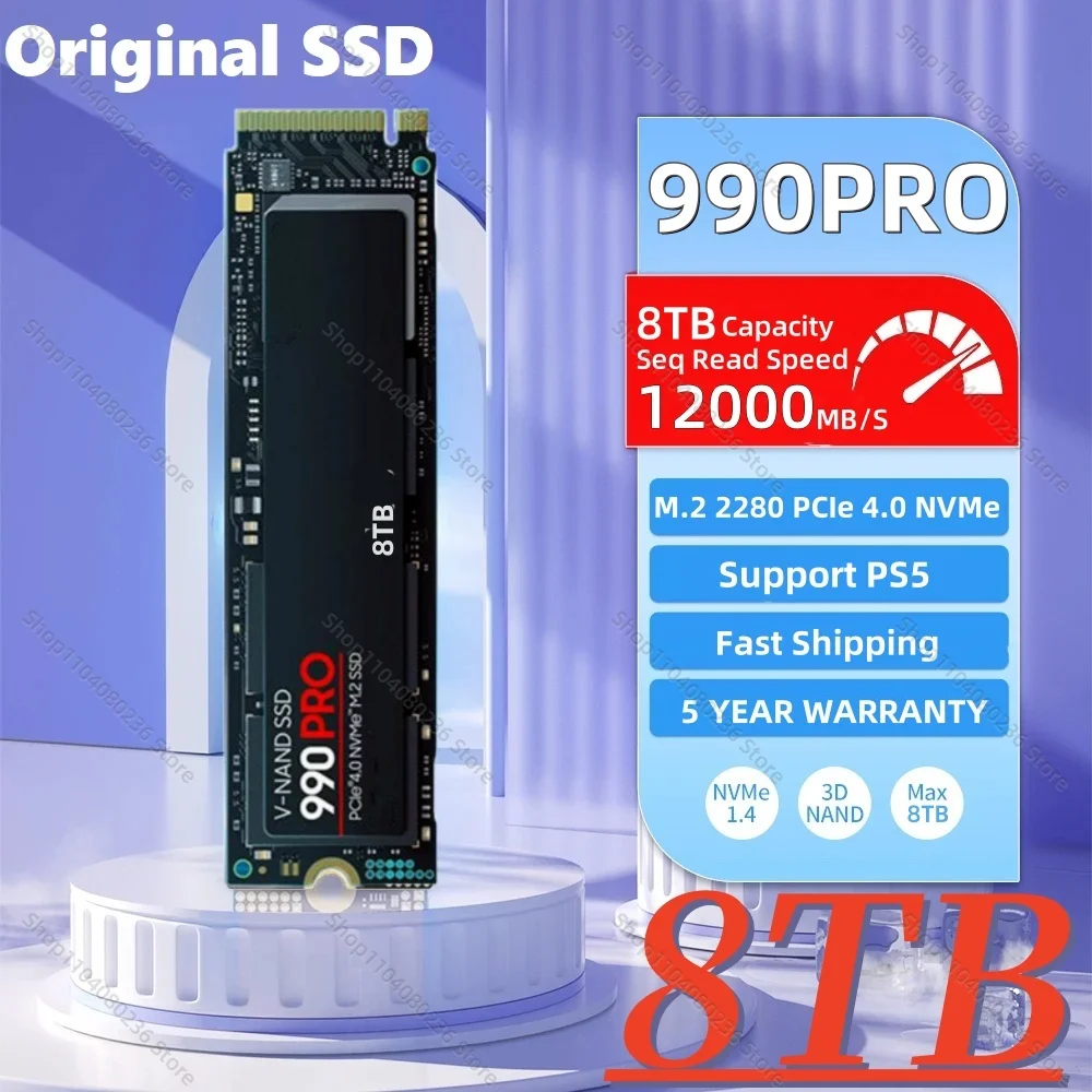 

2024 New 990Pro 1TB 2TB 4TB 8TB SSD M.2 2280 Internal NVMe Solid State Hard Disk PCIe Gen 5.0 x 4 for Laptop Desktop PS5 PC PS4