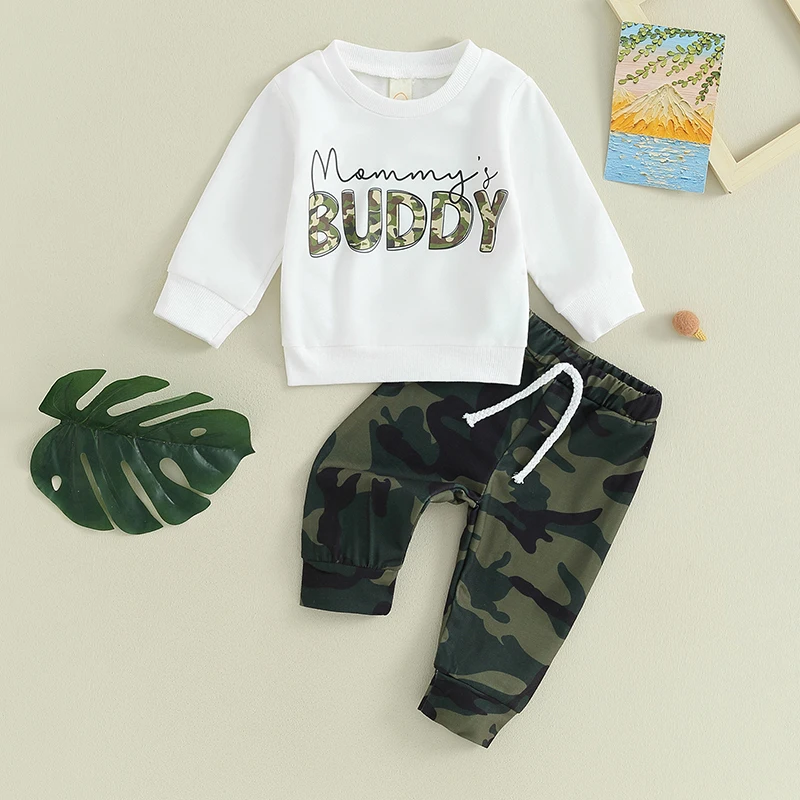 Sunsiom 2 Stuks Baby Jongens Herfst Kleding Sets Lange Mouw Brief Print Tops En Camouflage Trekkoord Broek Sets