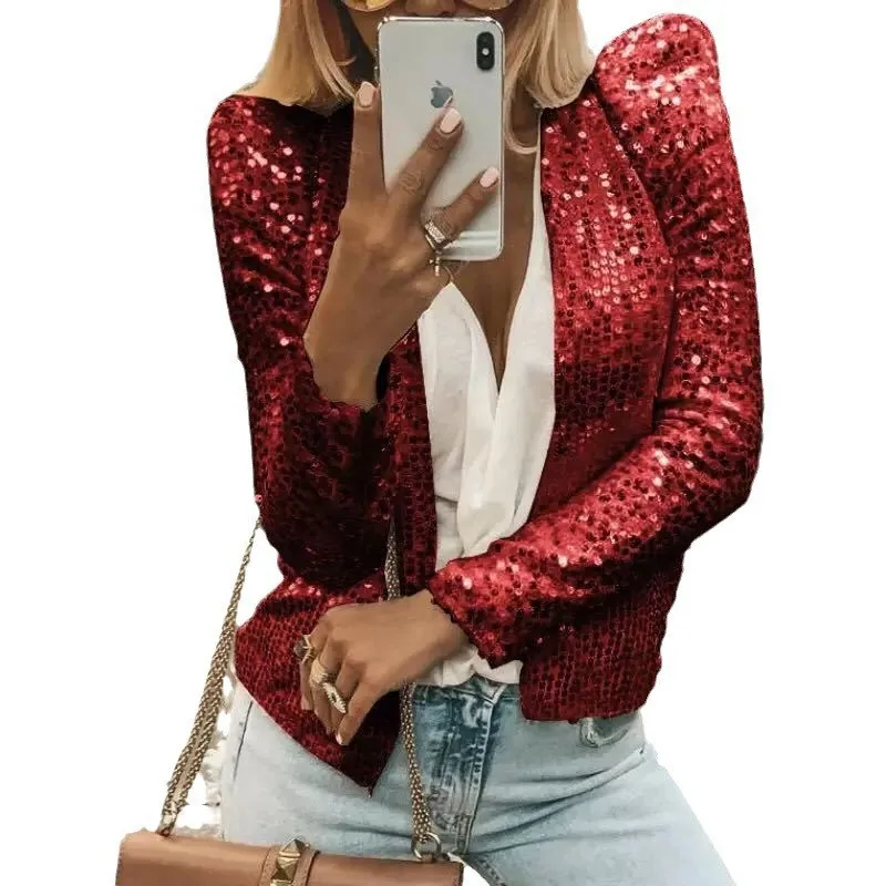 2026 New Fashion Sequin Suit Jacket Women, Spring Casual Loose Solid Color Stand Up Collar Office Cardigan For Women