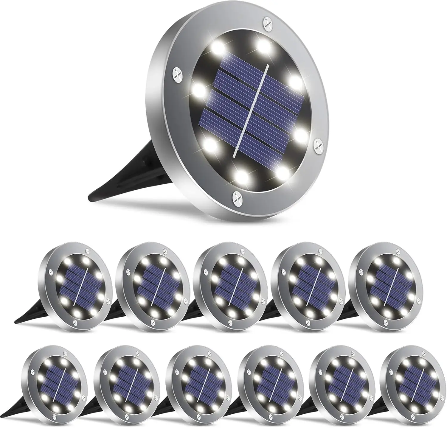 

12-Pack Waterproof Solar Ground Lights for Outdoor Garden, Patio, and Pathway Lighting with White LED