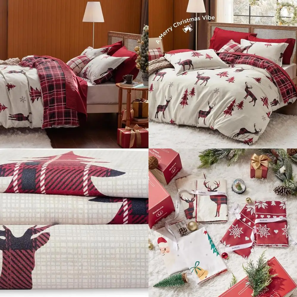 

Reversible Red Buffalo Check King Duvet Cover Set with Reindeer Pillow Shams for Festive Bedding