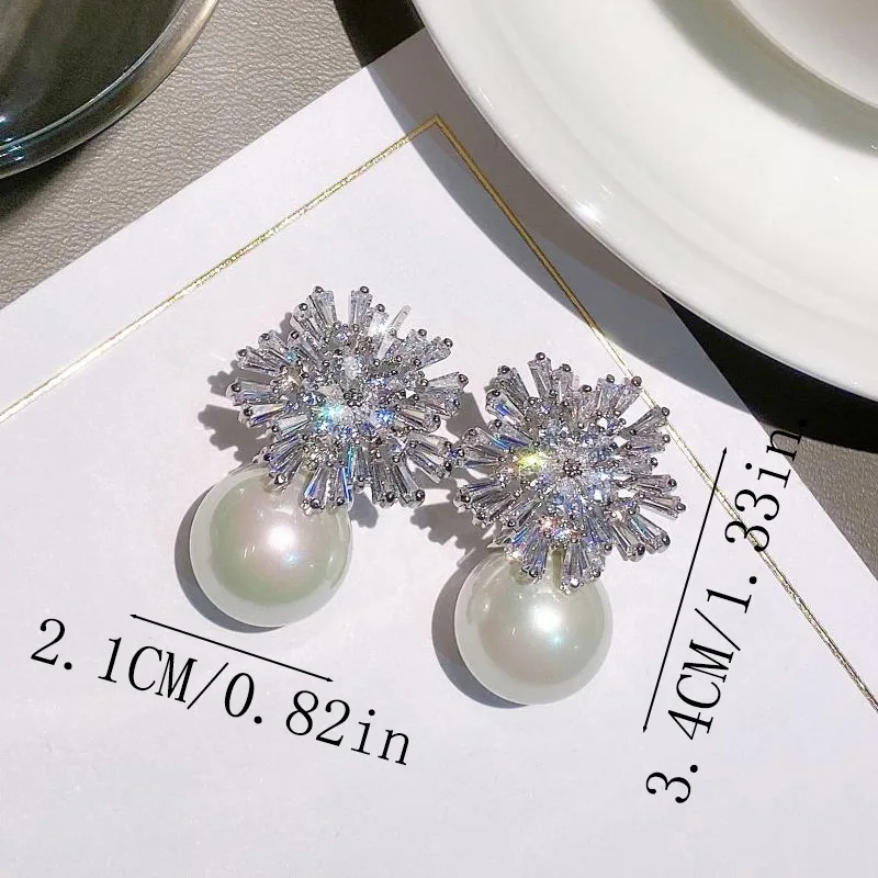 Advanced Design With Snowflake Zirconia Stud Earrings Pearl Luxury And Sparkling Earrings For Women Trendy Luxury Party Jewelry