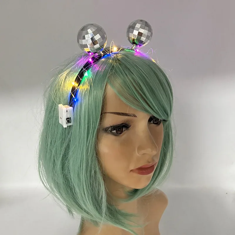 Glow Party Headband Disco Ball Hair Accessory Silver Mirror LED Light Up Rave Festival Club Dance Costume Night Party Decor Cute