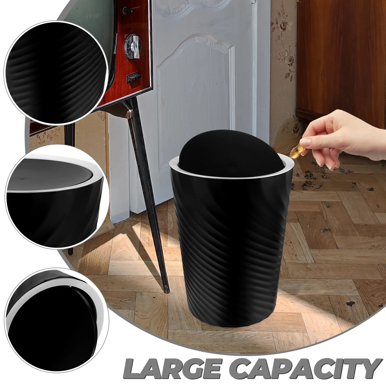 Black Trash Cans for Bedroom Threaded Garbage Outdoor Hotel Kitchen Bucket Bathroom Small with Lid Plastic