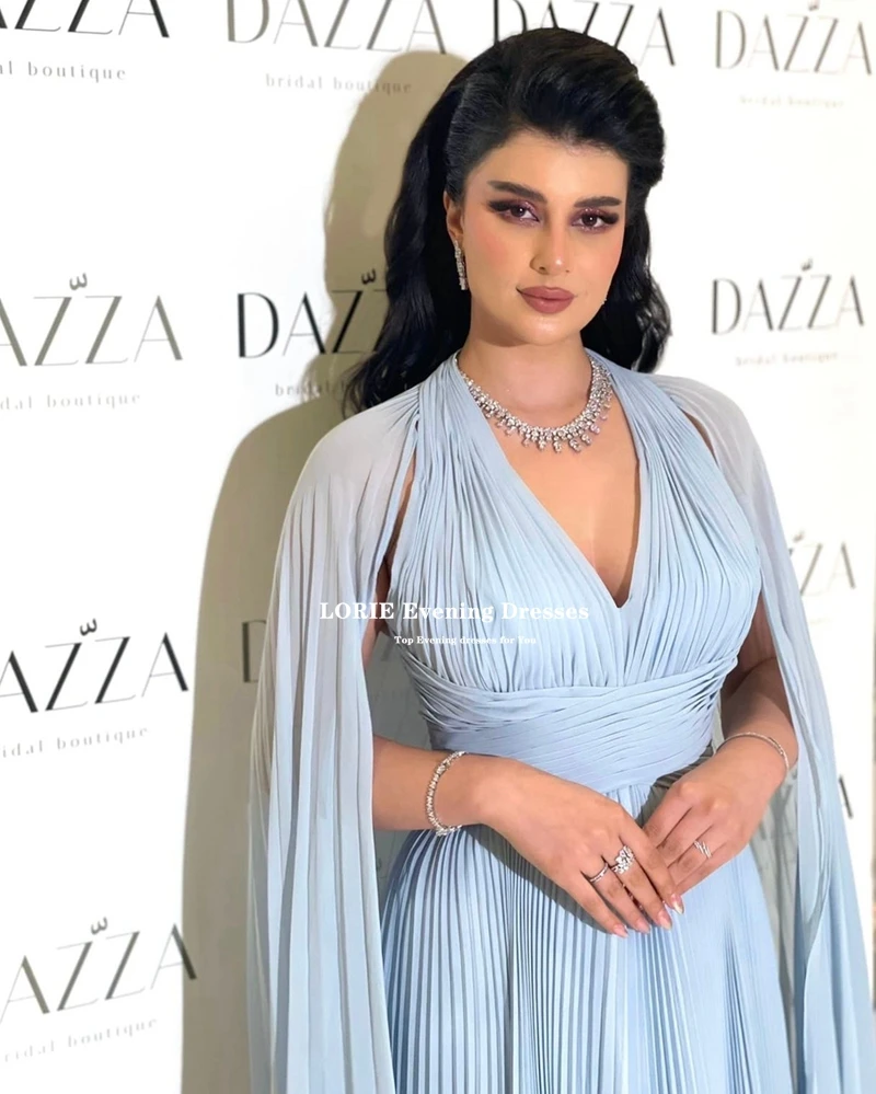 LORIE Arabia saudita abiti da ballo in Chiffon moda spiaggia Halter abito da sera con mantello cielo blu pieghe Dubai celebrità abiti da festa