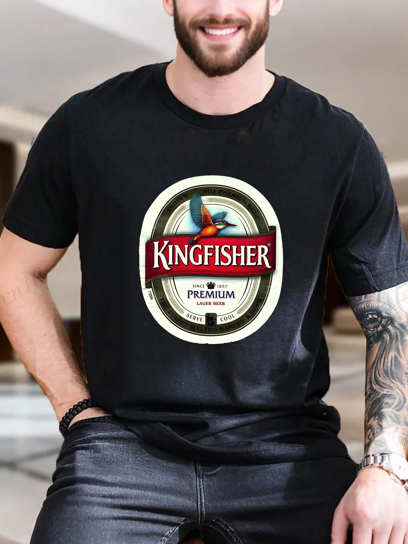 Men's Kingfisher Beer Print T-Shirt - Flying Bird Design Cotton Breathable Casual Tee, Comfortable Summer Top with Trendy Design