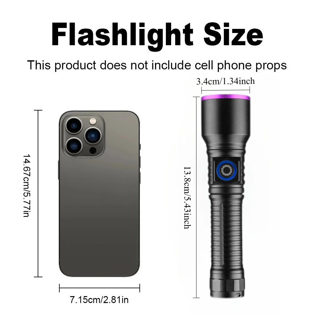 UV Flashlight 365nm Black Mirror Purple Light Lamp Rechargeable Marker Detection Pet Urine Detection Anti Counterfeiting