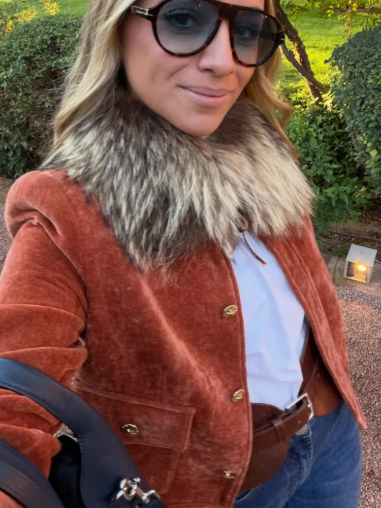 

Chic Lady Orange Velvet Chic Lapel Short Jacket Casaul Loose Single Breasted Full Sleeve Pocket Coat Women Commute Street Wear