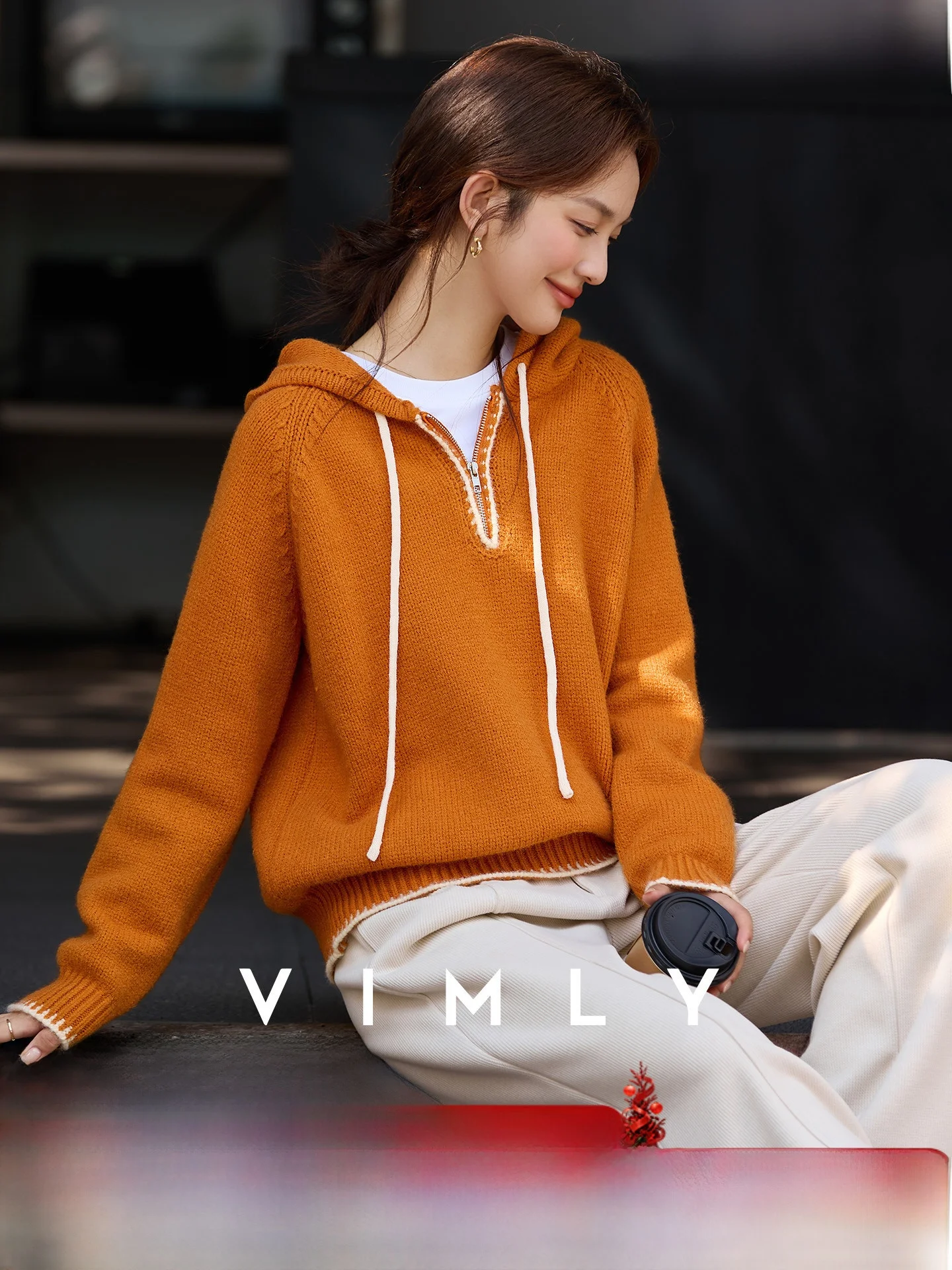

Hooded Knit Sweater Loose Fit Casual Sle Women's Winter New Arrival Contrast Color Knitted Long Sve Soft Acrylic Blend