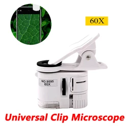 60X Universal Clip Microscope LED Jewelry Magnifying Glass Focusing Adjusted Pocket Microscope with Cell Phone Clip UV Light