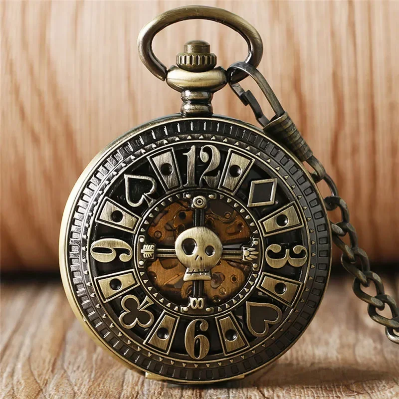 Vintage Poker Skull Head Skeleton Pocket Watch Hollow Out Automatic Mechanical Watch with Chain Pendant Unique Steampunk Gift