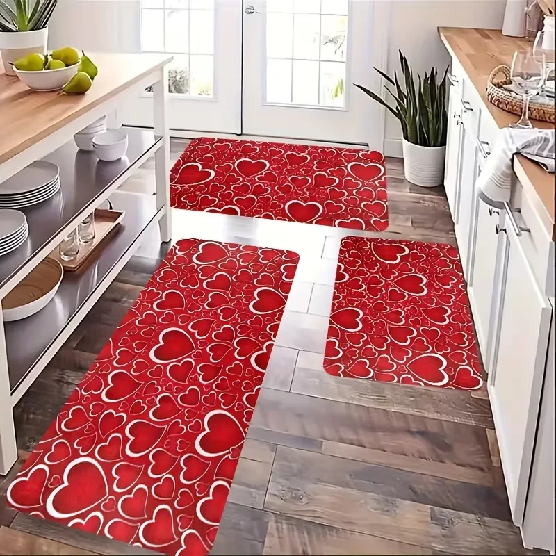 Valentinstag Herzen Küchenteppiche Rutschfester waschbarer Teppich, Anti-Ermüdungs-Läufer-Teppich, Bodenmatte, Fußmatte, Wohnzimmer-Wäscheteppich