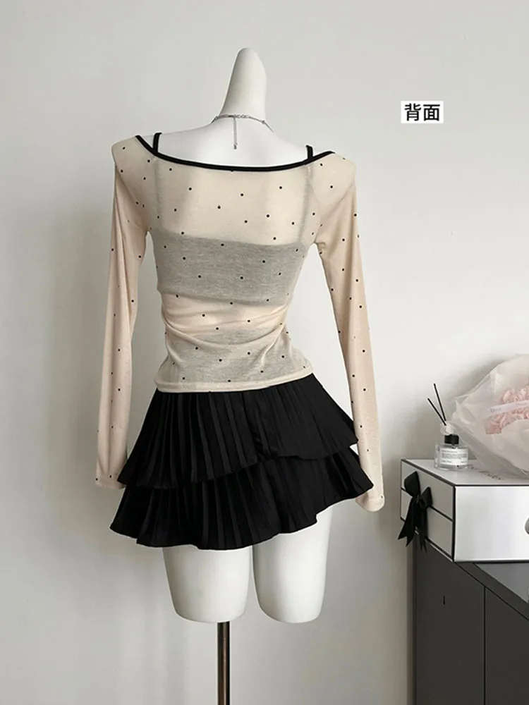 Korean Fashion Chic Polka Dot Tees Slim Fuff Sleeve Bow O-Neck Crop Top High Street Gyaru T-Shirts 2000s Aesthetic High Quality