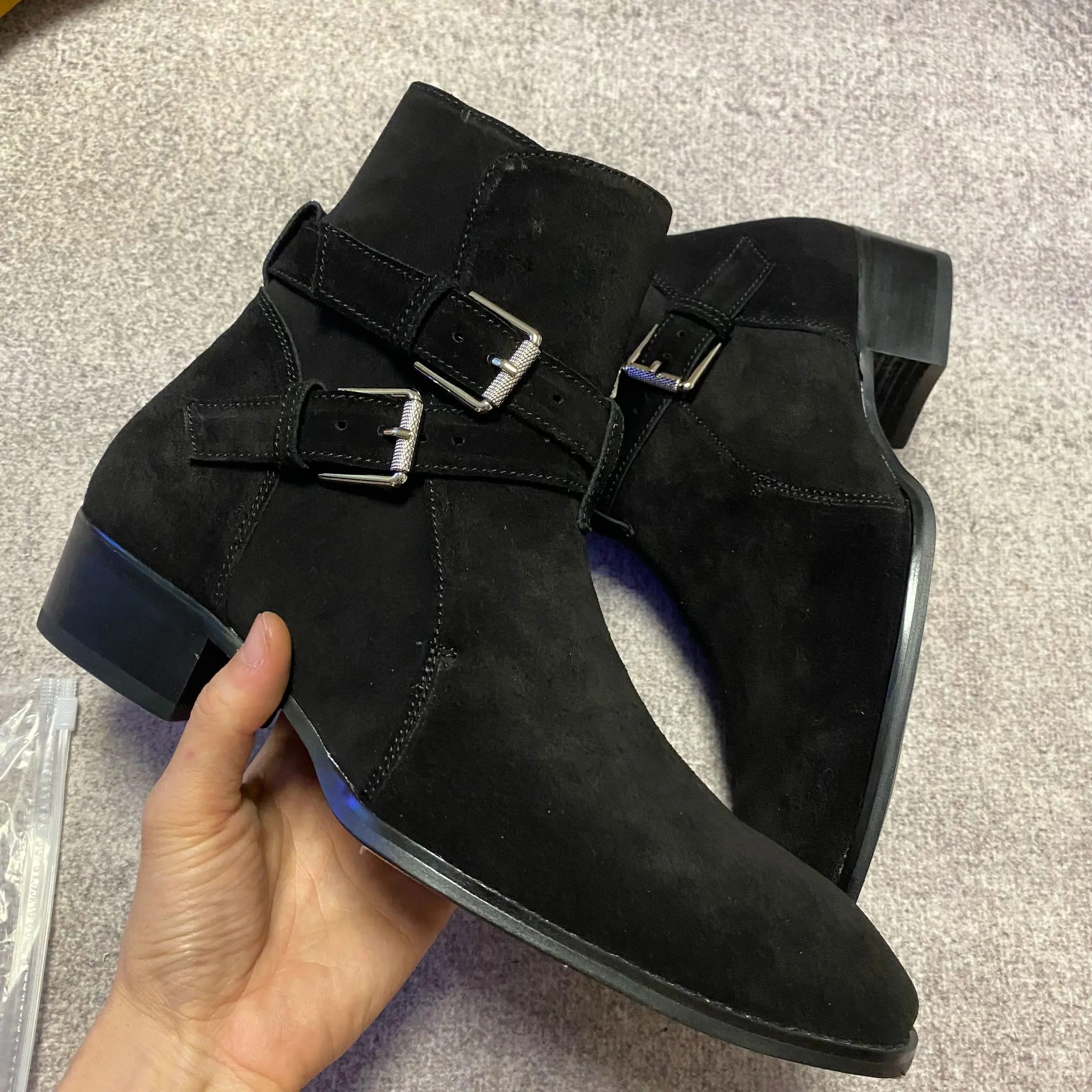 

Handmade Mid-Calf Suede Leather Cowhide Pionted Toe Buckle Strap Wedge Chelsea Men Boots