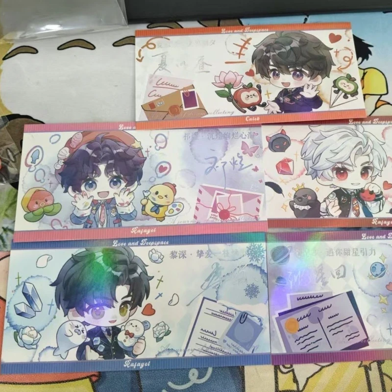 

5Pcs/Pack Love and Deepspace Holographic Memorial Ticket Xavier Sylus Rafayel Zayne Caleb Anime Game Fan Collection Gifts