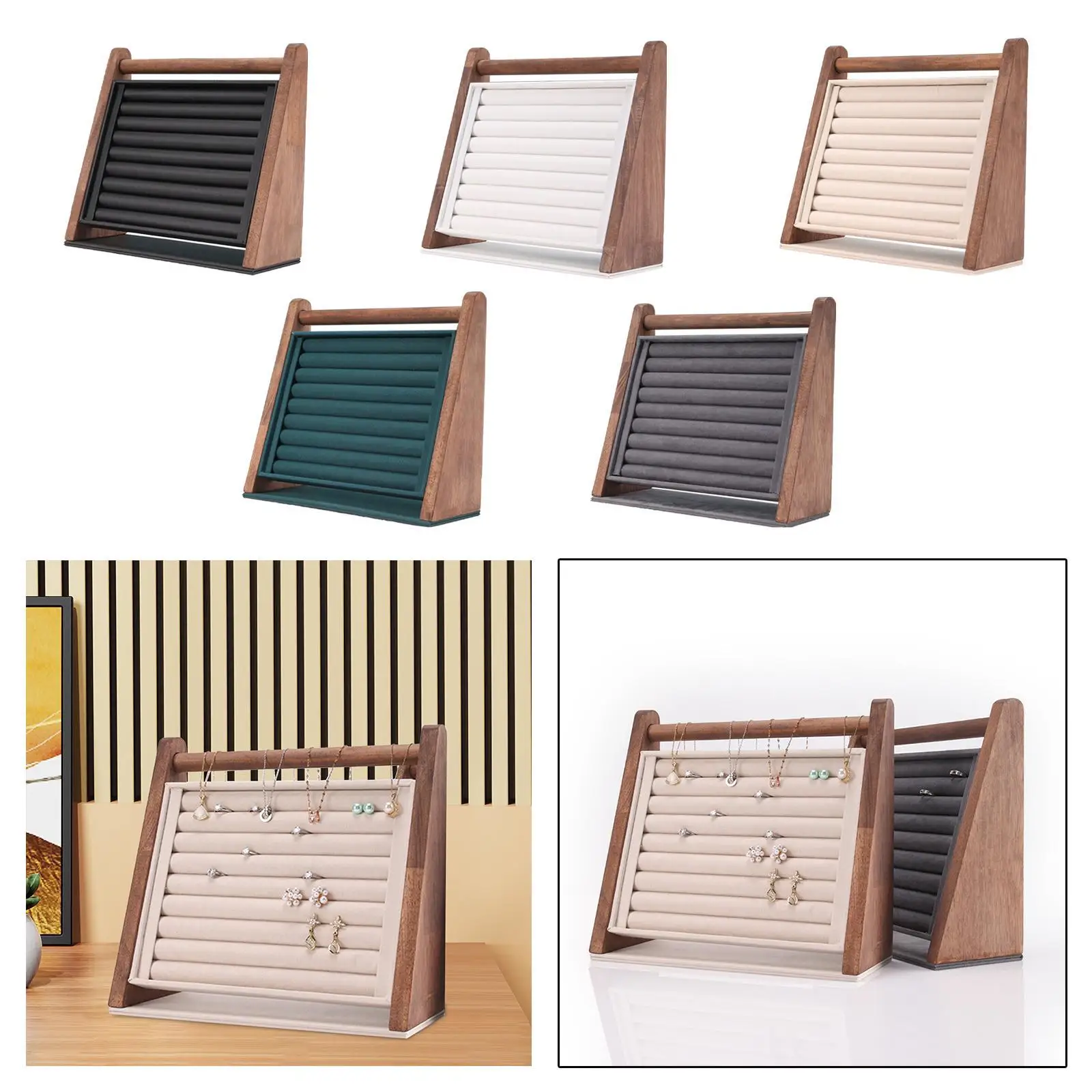 Rings Display Stand Jewelry Organizer Wood 9 Long Slots, Rings Showcase Tray,