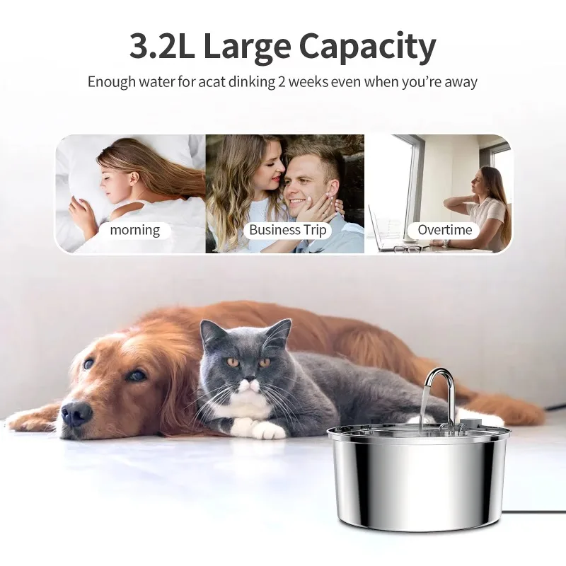3.2L Pet Cat Water Fountain Stainless Steel Body  Water Dispenser Outdoor With Filter